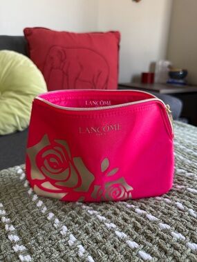 Lancôme Hot Pink Cosmetic Pouch with Gold Rose Accent